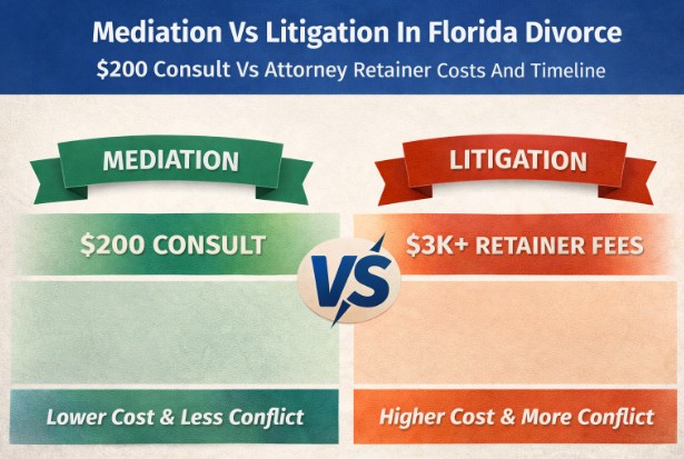 Read more about the article Mediation Vs Litigation In Florida Divorce. Cost And Time Comparison