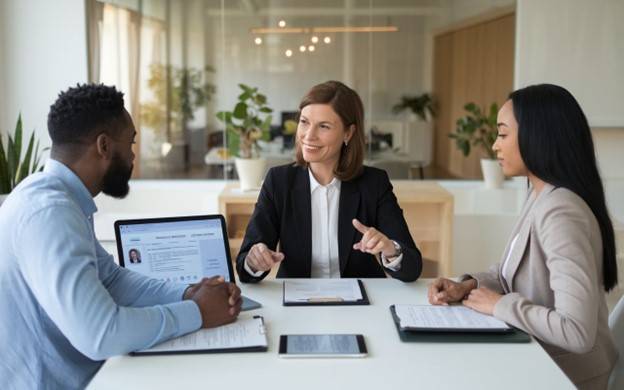 Mediator reviewing divorce documents with a couple