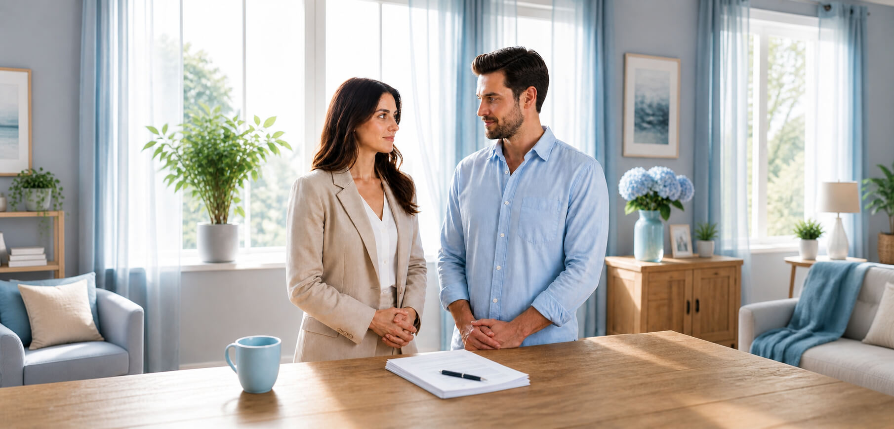 Couple reviewing uncontested divorce paperwork with a mediator
